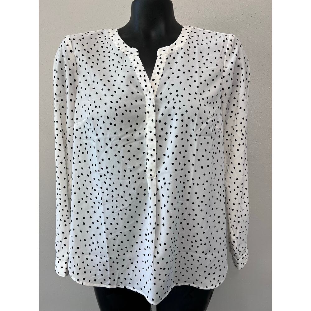 Talbots Blouse Sz MP‎ NWT White Black Polka Dots 1/4 Button Long Sleeves Preppy